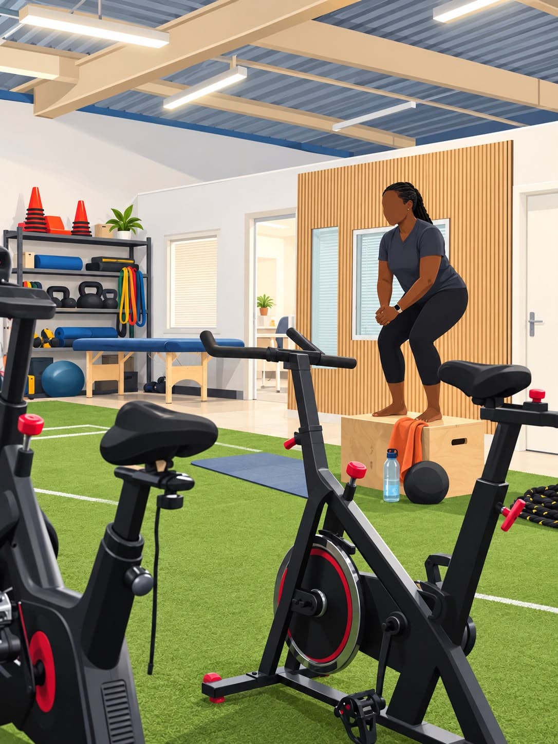 Une patiente monte sur une box en bois, vélos d'appartement au premier plan