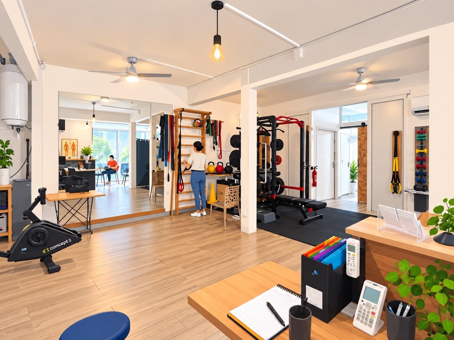 Vue d'ensemble du plateau : espaliers, cage de musculation et espace d'accueil