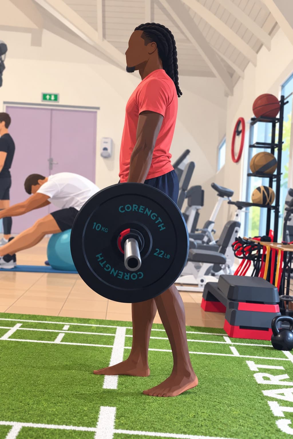 Un patient soulève une barre de musculation, un autre s'étire sur un ballon