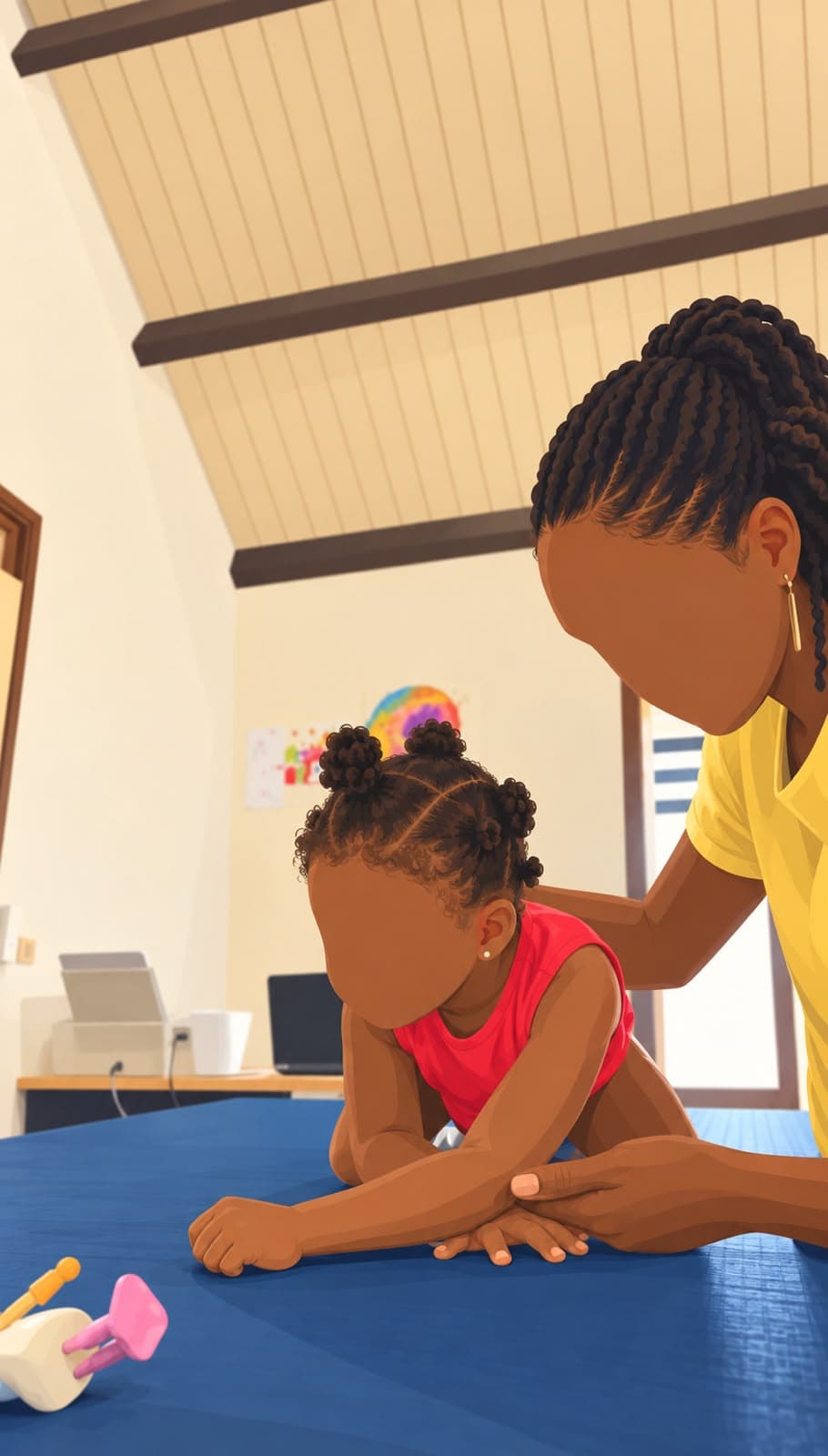 Une kinésithérapeute accompagne une petite fille en appui sur les avant-bras, sur une table de soins