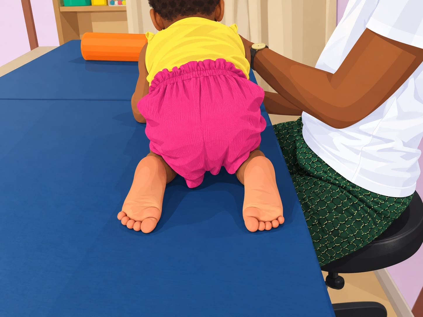 Un nourrisson en appui ventral sur une table de soins, guidé par une kinésithérapeute