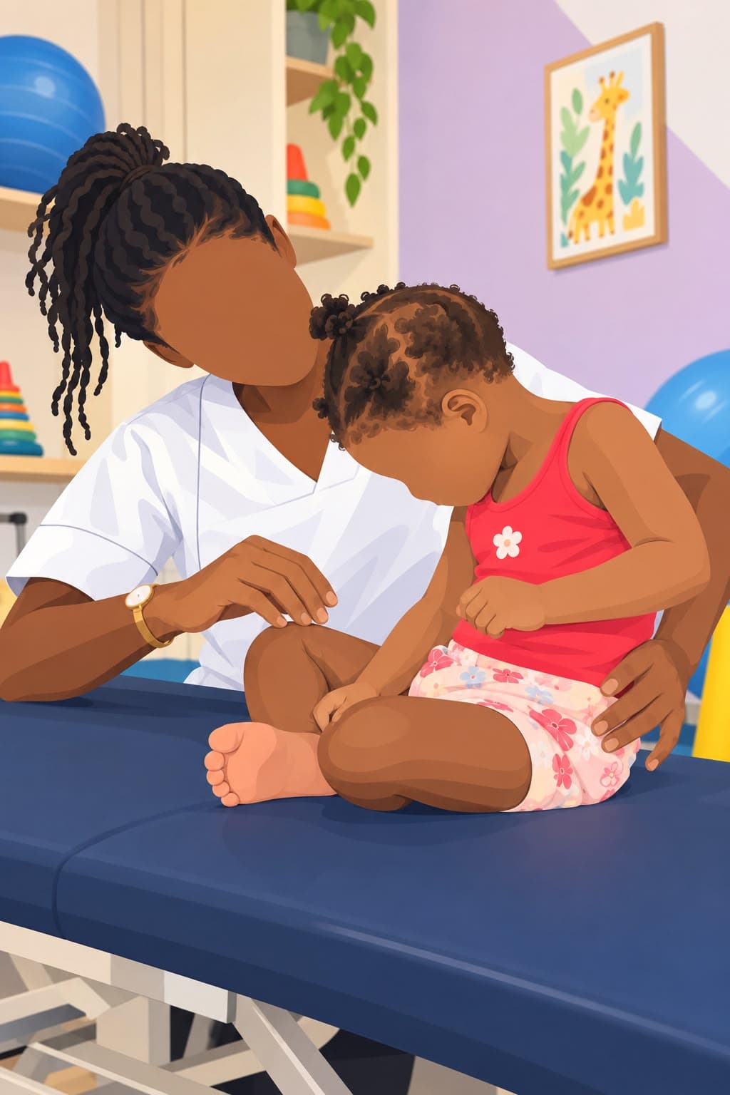 Une kinésithérapeute installe une jeune enfant assise au bord d'une table de soins